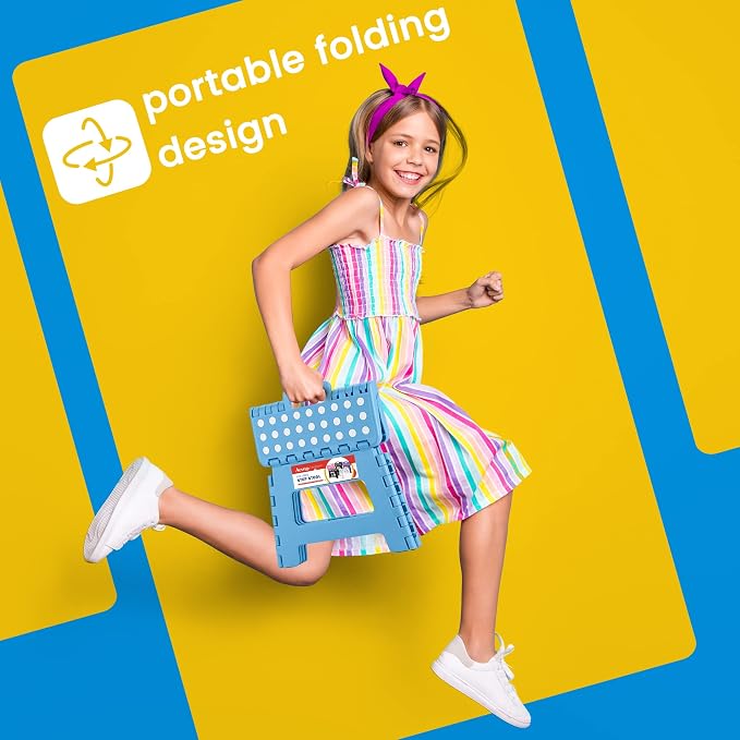 9 Inch Folding Step Stool for Kids and Adults, Holds 300 lb, Blue | Heavy Duty Foldable Stools, Lightweight, Non-Slip, for Toddler, for Kitchen Bathroom Bedroom Outdoor, Collapsible with Handle