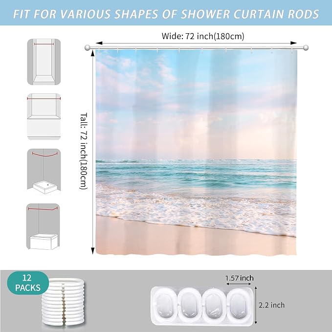 Ocean Beach Coastal Seaside Shower Curtain for Bathroom 72W*72H Inch Nautical Summer Seacoast Beachy Waves Bathtub Decor Seascape Neutral Waterproof Polyester Fabric Set with 12 Hooks