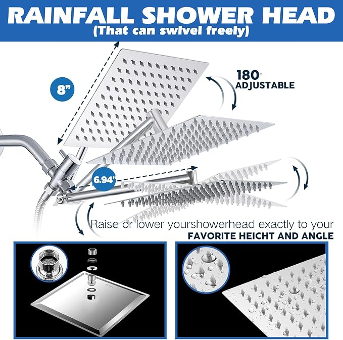 Filtered Shower Head,8”Rain Shower Head with Handheld Spray Combo with 11'' Angle Adjustable Extension Arm/Flow Regulator/Shower System,High Pressure Rainfall Shower Head Bathroom,Chrome