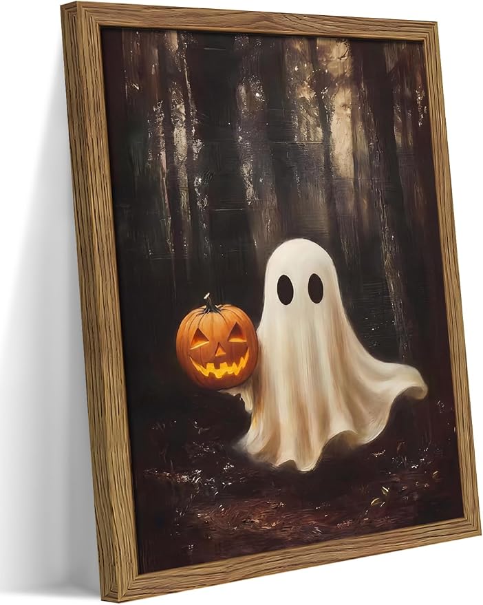 Vintage Halloween Ghost Wall Art, Gothic Cute Ghost Pumpkin Canvas Wall Decor Paintings, Dark Academia Spooky Fall Forest Prints Pictures for Living Room Bedroom 8x10 Inch Framed
