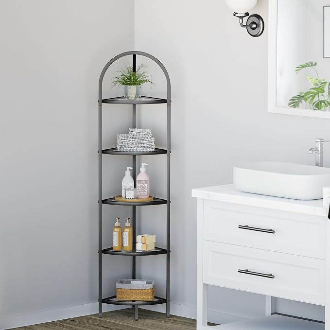 Homhedy 5-Tier Glass Corner Shelf Stand, Metal Corner Bookshelf | Display Shelf, Tempered Glass Shelves, Plant Stand, Storage Rack Shelf for Bedroom, Living Room, Home, Office, Black