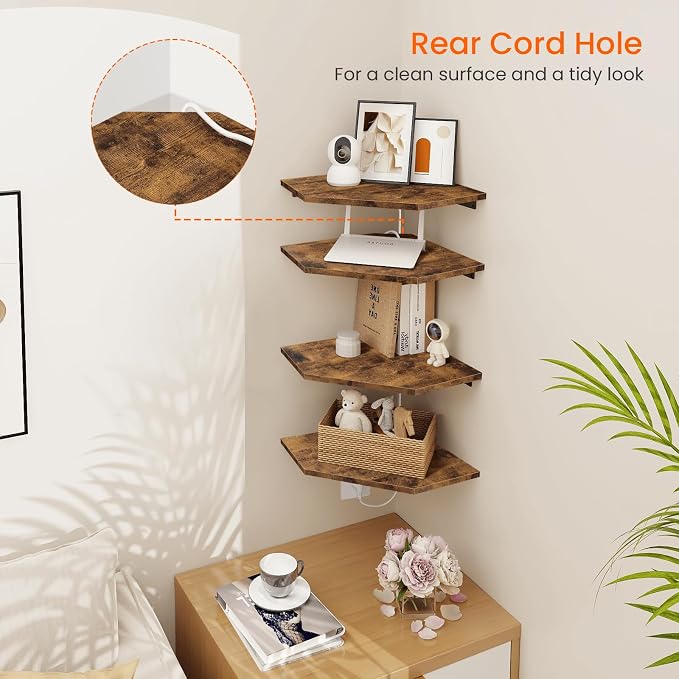 Corner Shelf Wall Mount, Set of 4 Floating Corner Shelves with Cord Hole for Cable Box, Wood Corner Hanging Shelves for Bathroom Bedroom Kitchen, Rustic Brown
