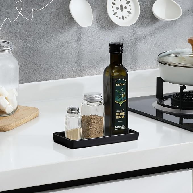 Luxspire Bathroom Vanity Tray Ceramic Perfume and Jewelry Dish, Mini, Black | 6.7 x 3.5 inch Smooth matte ceramic, easy clean, anti-slip bottom, organize soap dispenser jewelry candles