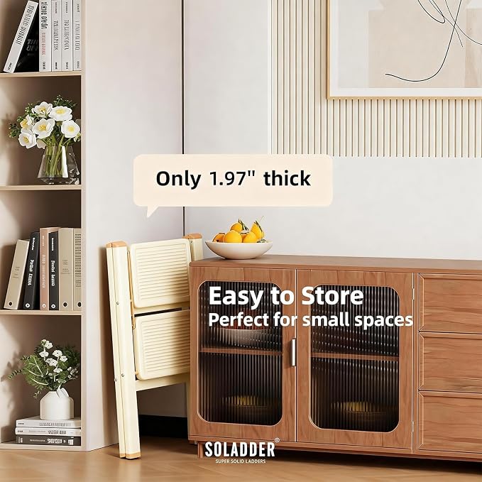2 Step Ladder, Folding Step Stool, Cream Chocolate | Wide Anti-Slip Steps and a Foldable, Space-Saving Design for Adults to Use in Kitchens, Closets, Library,300 lbs