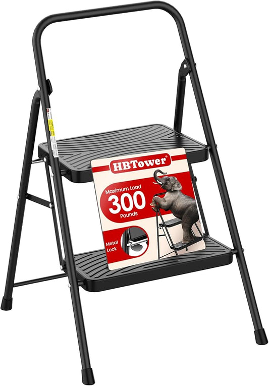 HBtower 2 Step Ladder, Step Stool with Wide Anti-Slip Pedal | Step Ladder Folding Step Stool for Adults, Lightweight Steel Portable ladders for Home Kitchen