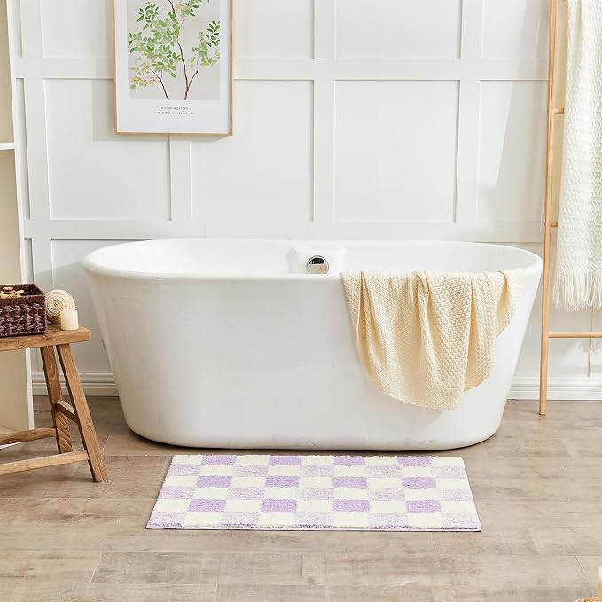 CozeCube Lavender Checkered Bath Mat 47"x24" Non Slip Washable Rug | For Bathroom Non Slip, Fluffy Absorbent Microfiber Bath Mats Machine Wash, Stylish Long Aesthetic Bathroom Rugs