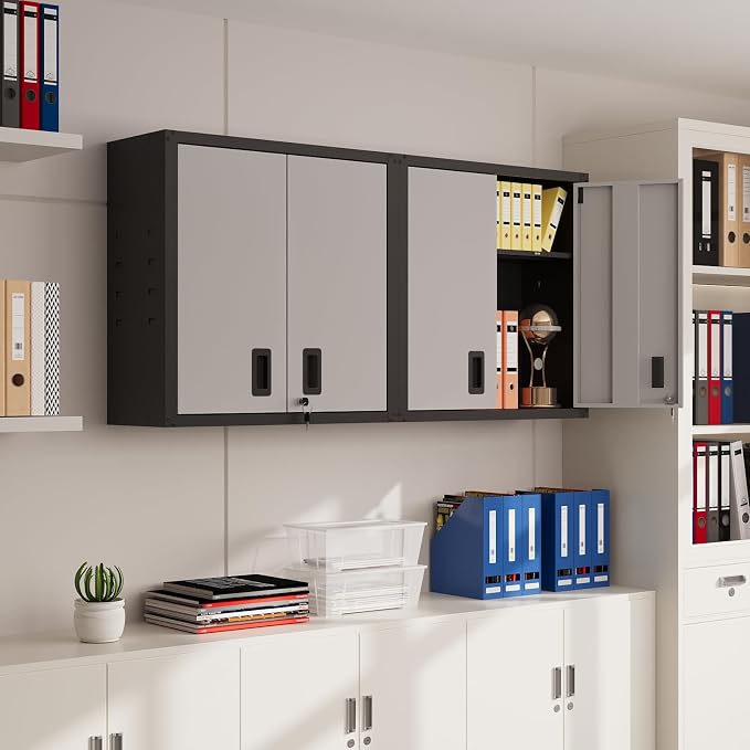 30 Inch Metal Wall Cabinet, Metal Wall Cabinet for Garage, 2pcs,Grey | Wall Mount Cabinet with Lock and Adjustable Shelf, Lockable Storage Cabinet for Home Office,Garage,Gym,School