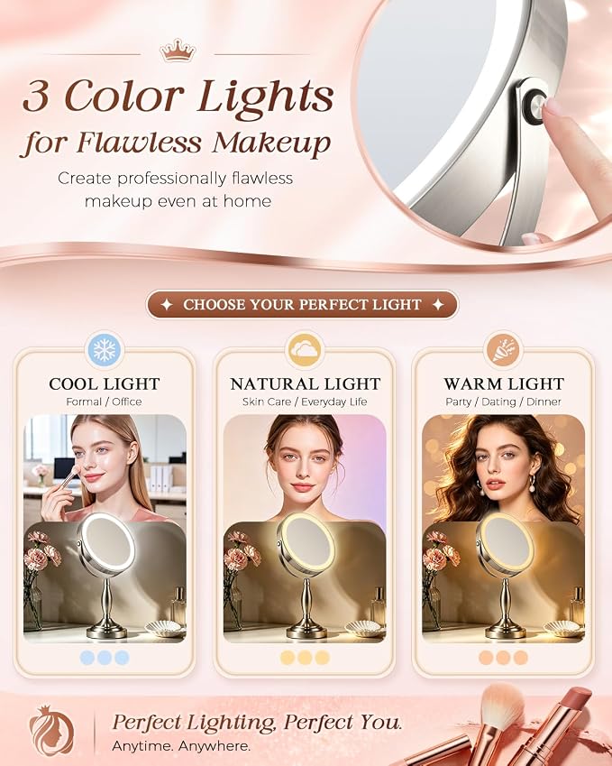 Makeup Mirror with Lights, 1X/30X Double Side Lighted Magnifying Mirror | 8'', 5000mAh Rechargeable Adjustable Brightness with 3 Colors, Side Touch & Side Charging with Adapter, Brushed Nickel