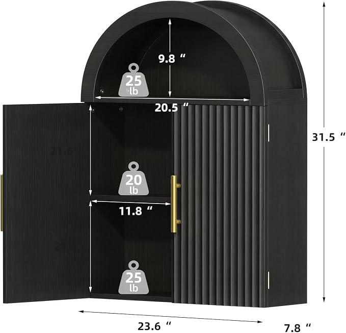 Kalrin Arched Wall Cabinet, Large Wood Bathroom Cabinet Wall Mounted Cupboard, Modern Floating Storage Cabinet with Door Adjustable Shelf, Wood Organizer Black