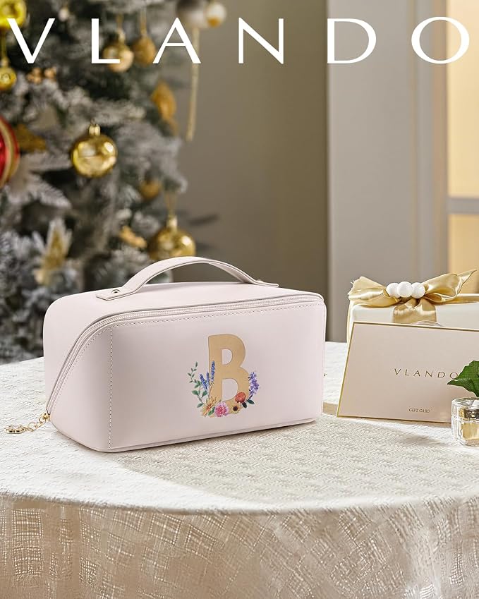 VLANDO Make up Bag with Separate Brush Pouch,Letter B,Off White | PU Leather Monogrammed Cosmetic Bag,Open Flat Toiletry Skincare Organizer,Gifts for Women