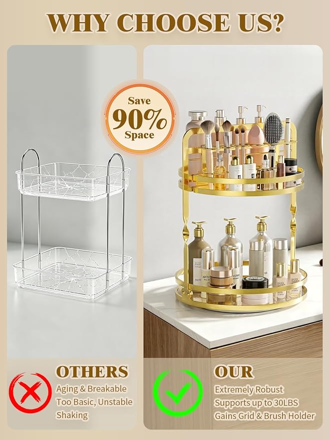 360°Rotating Makeup Organizer, Gold Bathroom Organizer Countertop | 2-Tier Bathroom Organizer Countertop, Lazy Susan Spinning Perfume Stand Vanity Tray Skincare Storage with Makeup Brush Holder