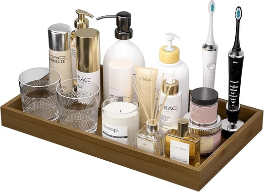 ZHWS Bathroom Vanity Tray for Countertop Perfume Makeup Jewelry Candle Decor, Kitchen Tray for Soap Dispenser Spice Salt, Large Tray for Toilet Tank Paper, Serving Nightstand Brown 13”x6.5”