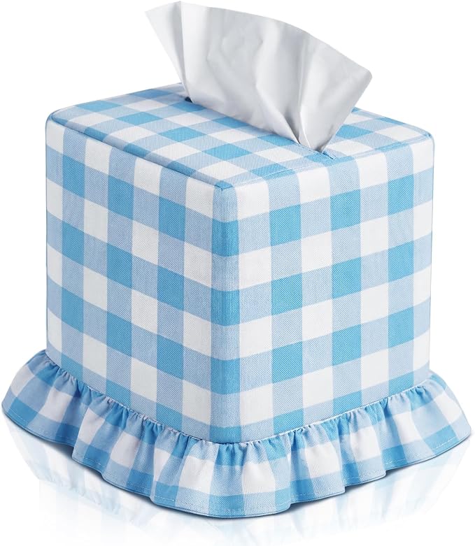 Blue Gingham Tissue Box with Ruffled Cover Cottagecore Handmade Decorative Gingham Napkin Holder for Home Bedroom Living Room Bathroom Vanity Countertop Car Office Kitchen