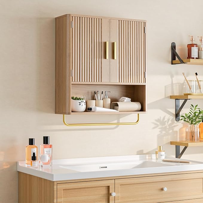 Bathroom Wall Cabinet, Medicine Cabinet with Fluted Door & Adjustable Shelf | Over The Toilet Storage Cabinet with Towel Bar, Space-Saving Cabinet Wall Mount for Laundry Room, Kitchen, Living Room