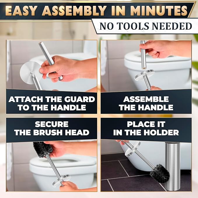 Toilet Brush and Holder Set, Stainless Steel Material (Silver) | Toilet Brush with Holder Set for Bathroom, Splash Protection & Dense Bristles for Bathroom Cleaning, Removable Inner Bowl