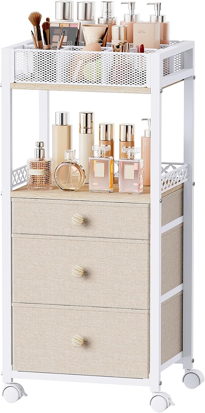 Plaviya Makeup Organizer Cart 3 Drawers for Perfume, Skin Care, Nail Polish | Utility Rolling Cart, Vanity Desk Organizer, Office, Bedroom, Bathroom, White