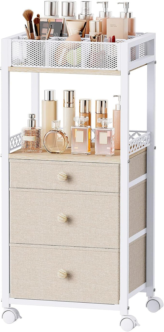 Plaviya Makeup Organizer Cart 3 Drawers for Perfume, Skin Care, Nail Polish | Utility Rolling Cart, Vanity Desk Organizer, Office, Bedroom, Bathroom, White
