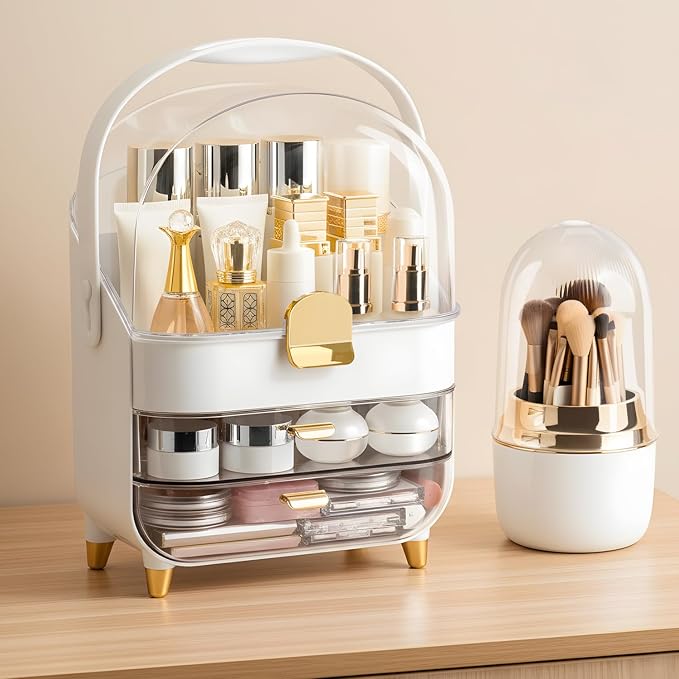 Makeup Organizer for Vanity with Brush Holder, Lid and 2 Drawers, Rose Gold | Large Capacity Bathroom Counter Organizer for Skincare, Cosmetic Storage, Dustproof, Waterproof, Teen Girl Gifts