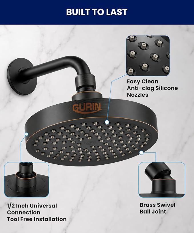 Shower Head - Luxury Oil Rubbed Black Finish - Rain Showerhead 6 Inch | High Pressure Shower Heads with Adjustable Angles, 90 Anti-Clog Nozzles, Tool-Free 1-Min Install