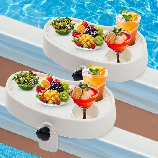 2 Pcs Hot Tub Table Tray, Adjustable Aboveground Bathtub Tray with 2 Cup Holder, Between 2'' to 7.5'' Nonslip Hot Tub Accessories Shelf Drinks Snacks Phone Holder for Spa Bathtub (Ivory White)