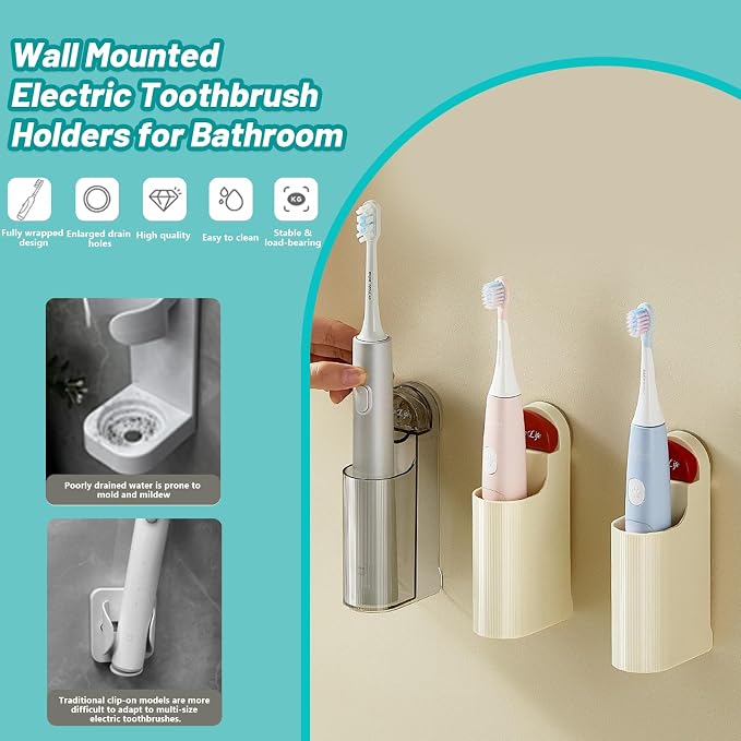 3 Pack Electric Toothbrush Holders for Bathroom, Wall Mounted Clear Electric Toothbrush Organizer, Self Adhesive Bathrooms Toothbrush Storage for Shower, Saving Space and Keep Drying (Grey)