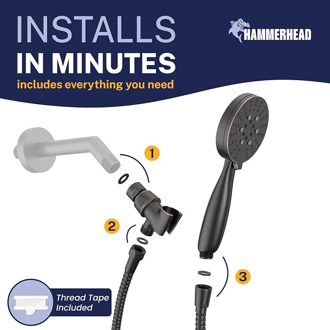 HammerHead Showers® Solid Metal 3-Spray Handheld Shower Head with Long Hose and Holder - OIL RUBBED BRONZE - 2.5 GPM High Pressure Shower Head with Handheld Sprayer - WIDE, MASSAGE, and MIST Sprays