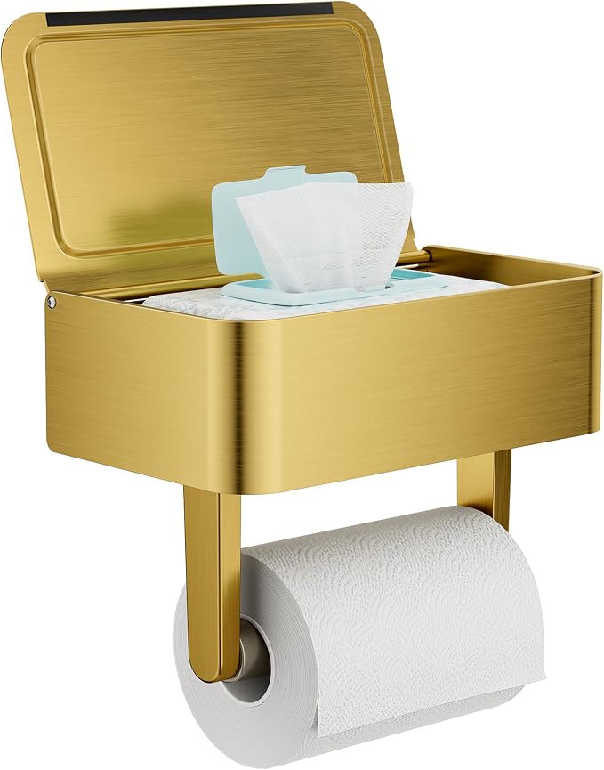 Toilet Paper Holder with Shelf, Wipes Holder for Bathroom, Flushable Wipes Dispenser, Stainless Steel Toilet Paper Roll Holder with Storage for Wet Wipes Wall Mounted (Gold, Regular Roll)