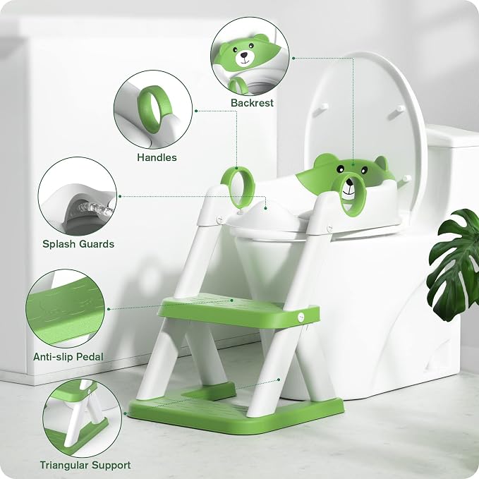 Potty Training Seat, Upgrade Toddler Toilet Seat for Kids Boys Girls, 2 in 1 Potty Training Toilet, Splash Guard Anti-Slip Pad Step Stool(Green)