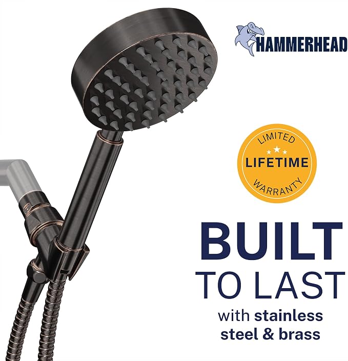 HammerHead Showers® Solid Metal LOW FLOW Handheld Shower Head with Hose and Brass Holder - OIL RUBBED BRONZE – Water Saving 1.75 GPM Detachable Shower Head - Adjustable Shower Wand Bracket & 6ft Hose