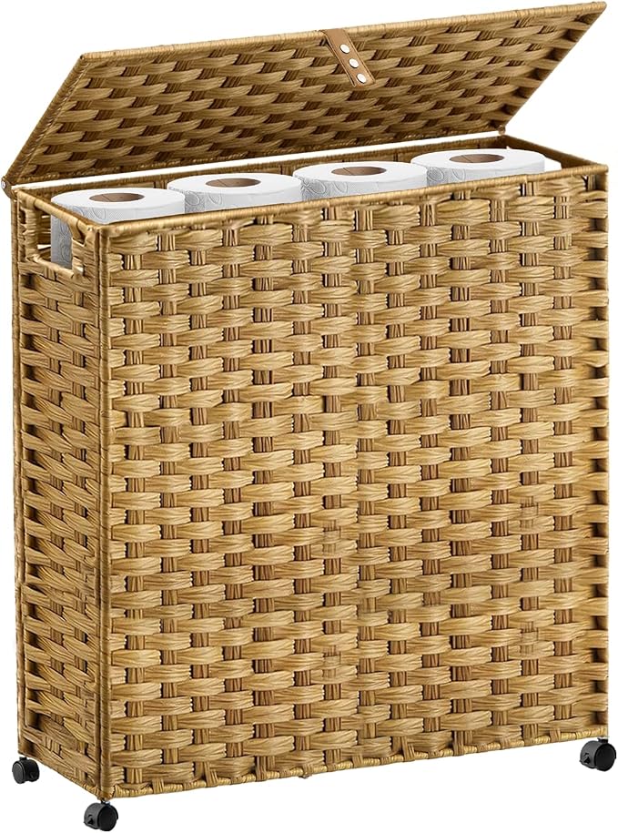 Hiagnete Toilet Paper Storage Basket with Lid and Wheels, Rattan Toilet Paper Holder Storage, Toilet Paper Organizer for Bathroom, Bedroom, Kitchen, 19.7”L x 7.9”W x 24.62”H, Natural