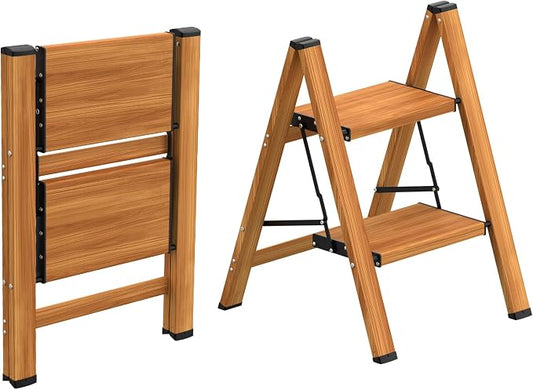 HBTower 2 Step Ladder, Lightweight Aluminum Folding Step Stool | Anti-Slip Wide Pedal, 330lbs Capacity Step Ladder for Household Kitchen Office, Woodgrain