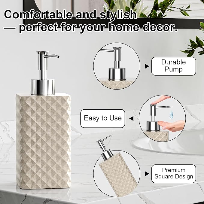 Bathroom Accessories Set Resin 6PCS, Square Toothbrush Holders Set Complete with Soap Dispenser, Vanity Tray, Tumbler, Cups and Cotton Swab Jars (Beige Diamond, Resin Bath 6 PCS)