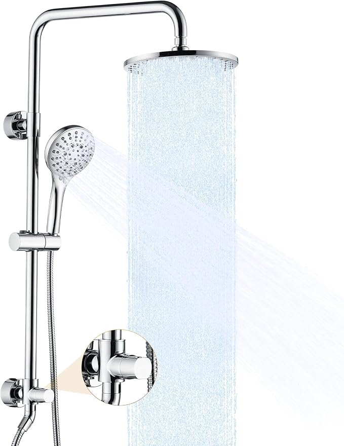 BRIGHT SHOWERS Rain Shower Heads System Including 9 Inch Rainfall Shower Head and Handheld Shower Head with Height Adjustable Holder, Solid Brass Rail and 60" Long Stainless Steel Shower Hose, Chrome