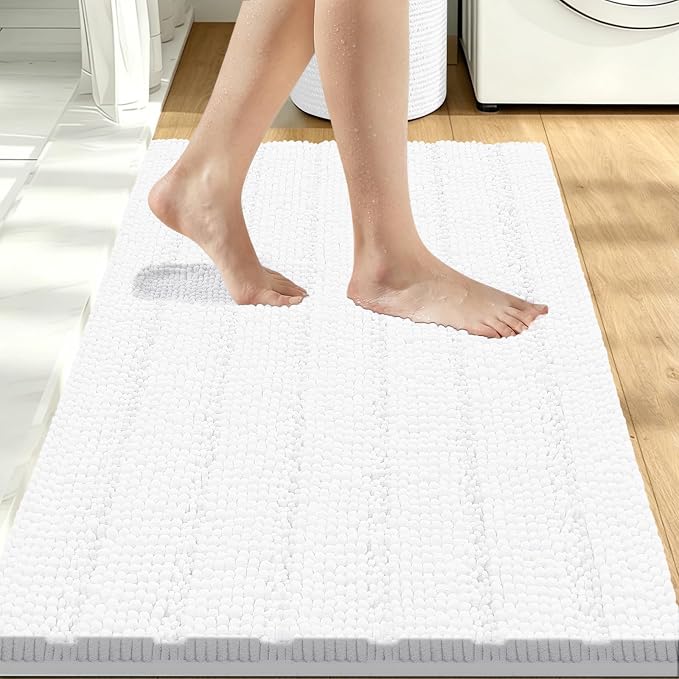 Bcoimo Bath Rug Mat,36x24 Chenille Non Slip White Bathroom Floor Shower Mat | Extra Soft Bathroom Rugs;Non Slip with Rubber Backing Bath Mats;High Absorbent And Quick Dry Microfiber mat; Machine Washable