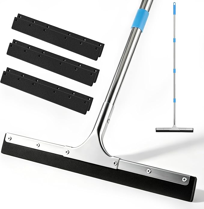 Aodaer Squeegee for Floor Scrubber with Extendable Telescopic Pole Handle | with 2 Pairs Extra Replacement EVA Blades Clip Heavy Duty Household Rubber Broom for Garage, Courtyard, Pool, Tile Bathroom