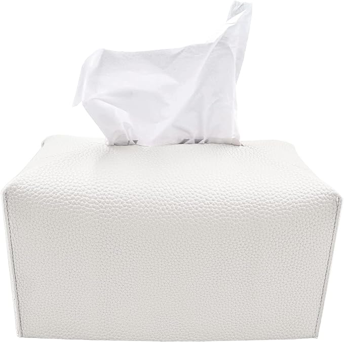 Tissue Box Cover, [Refined] Modern PU Leather Rectangular Tissue Box Holder - Decorative Holder/Organizer for Bathroom Vanity Countertop, Night Stands, Office Desk 9.5"X5"X5" - White