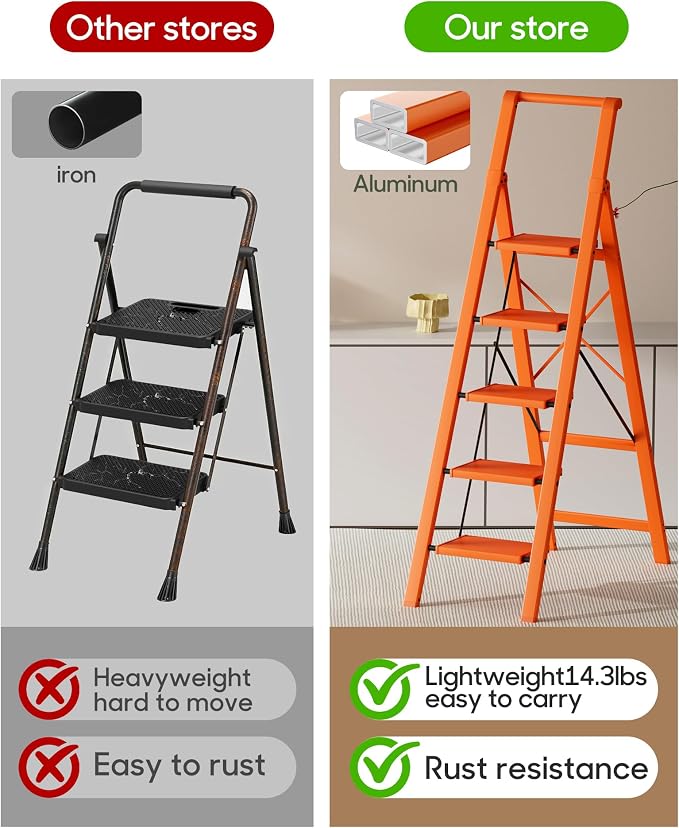 HillhutApex Aluminum 5 Step Ladder, Step Stool Foldable Ladder(Orange) | Anti-Slip Pedals,330lbs Capacity,Lightweight Folding Ladders for Home,Office,Libaray