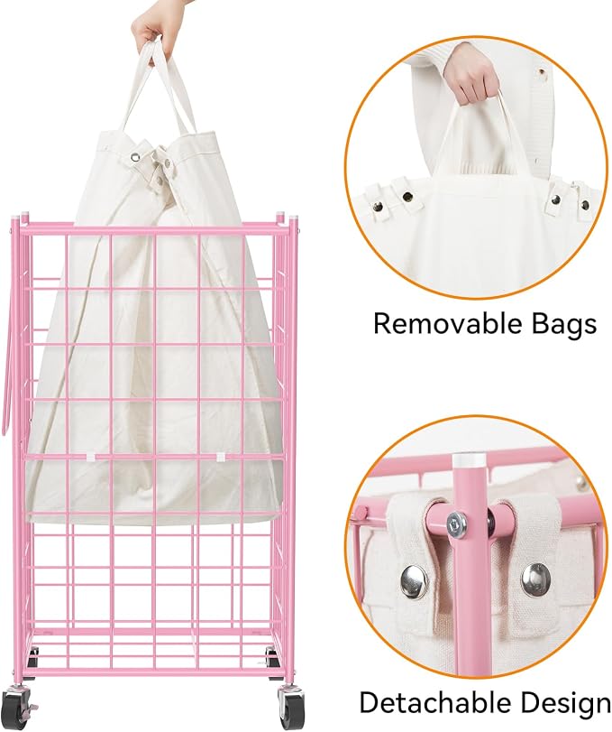 WOWLIVE Rolling Laundry Basket, Metal Wire Frame Laundry Hamper with Wheels | Hamper with Removable Bag, 100L Dirty Clothes Hamper Organizer Dorm Room Storage for Bedroom, Bathroom, Pink