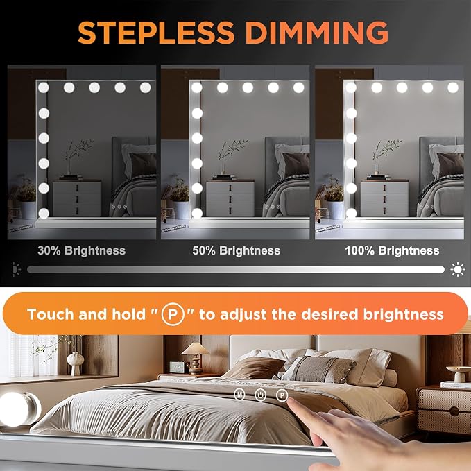 Large Vanity Mirror, Lighted Makeup Mirror with 17 Bulbs Lights | 3 Color Light Modes, USB-A & USB-C Ports, Touch Control, Tabletop & Wall Mounted, Dorm Room Essentials, Gifts for Women