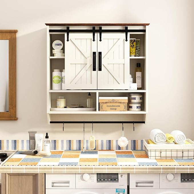 RUSTOWN Farmhouse Bathroom Wall Storage Cabinet with Sliding Barn Doors | 3-Tier, Rustic Wood Wall Mounted Cabinets, Vintage Medicine Cabinet, Adjustable Shelves, Over The Toilet Storage Cabinet