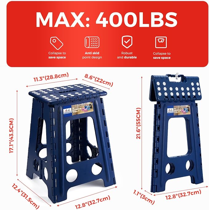 ACKO 17.5" Folding Step Stool, 400 lbs Capacity Foldable Stools, Royal Blue | Portable Heavy Duty Collapsible Foot Stool with Handle for Adults & Kids, Non-Slip, Safety Lock, Kitchen Bathroom Outdoor