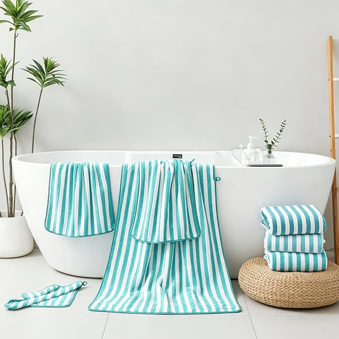 8 Pcs Turquoise Large Cabana Stripe Bath Towel Set Oversized Jumbo Towels | 2 Extra Large Bath Sheets,2 Hand Towels,4 Washcloths for Bathroom Soft Highly Absorbent Towels for Beach Chair Hotel