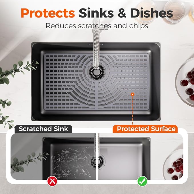 Snuggery Silicone Sink Protector for Kitchen Sink, 30"x16" Rear Drain | Scratch protection, cushions fragile dishes and glassware, dishwasher safe, food-grade silicone, 446°F heat resistant