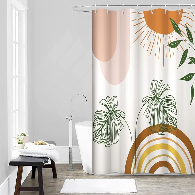 Boho Orange Shower Curtain with Hooks for Bathroom 60x72 Inch | Waterproof Abstract Sunrise Shower Curtain Set, Green Leaves Soft Bathroom Decor, Machine Washable