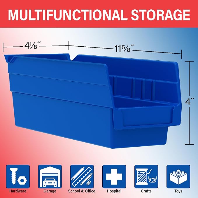 Akro-Mils 30120 Heavy Duty Plastic Shelf Bins, 12"x 4"x 4", Blue, 24-Pack | Heavy Duty Nesting Storage Bins for Garage, Closet, Refrigerator, Kitchen, Cabinet, Drawer Organization, Pantry Organization
