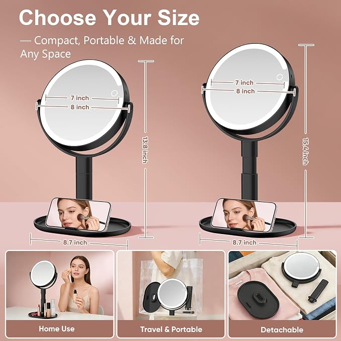 Rechargeable Lighted Makeup Mirror,10X Magnification, 7 Inch | 3 Adjustable Light Colors, Rechargeable Cordless Design, Adjustable Height, Storage Base with Phone Holder,Touch Control