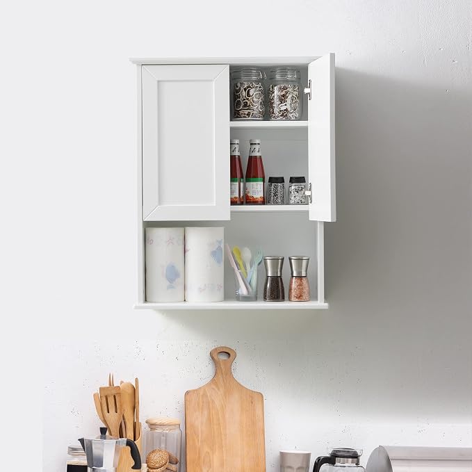 VANIRROR Bathroom Wall Medicine Cabinet with Soft-Close Buffering Hinges | Over Toilet Storage Cupboard Adjustable Shelves & Hidden Handles, 23"x29" White MDF Cabinet for Laundry Room, Kitchen