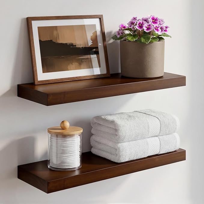 Walnut 18 inch Floating Shelf, High End Solid Real Wood 18inch Floating Shelves for Wall Mounted, Dark Brown 18 inches Long Floating Shelves, Heavy Duty Bracket, 18 X 6.5 X 1.75 in, Set of 2