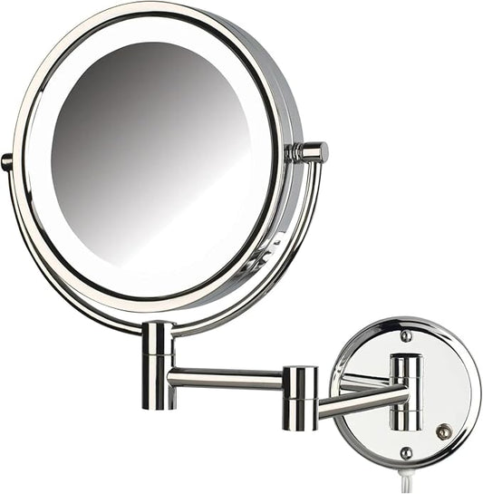 JERDON Lighted Wall-Mount Makeup Mirror - 8X - Chrome - HL88CL | 8.5" Round Frame, 13.5" Wall Arm, LED Lighting, Corded Plug-In Power