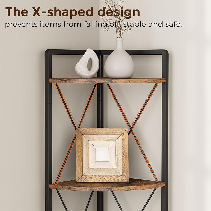 5 Tier Corner Shelf Stand, 64" H Tall Corner Bookshelf, Rustic Brown | Industrial Metal Corner Shelf for Living Room Decor, Plant Stand Display Shelf for Bedroom, Bathroom, Small Spaces